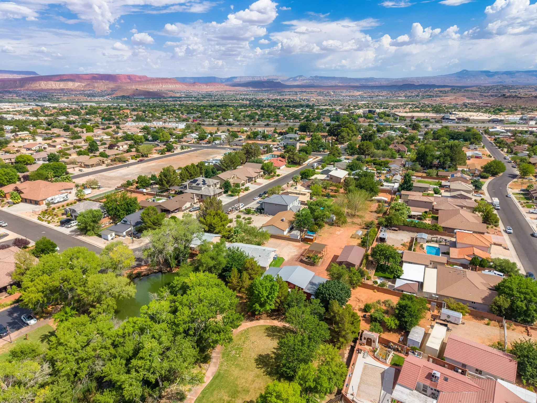 Expansive residential area featuring a variety of single-story homes with diverse rooflines