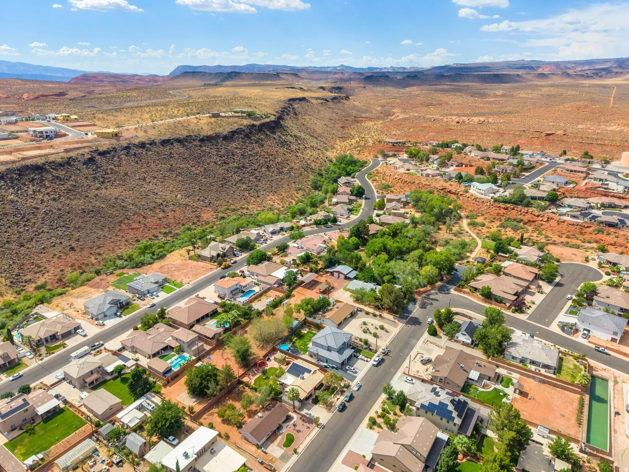 Aerial perspective showcasing a residential community with varied architectural styles