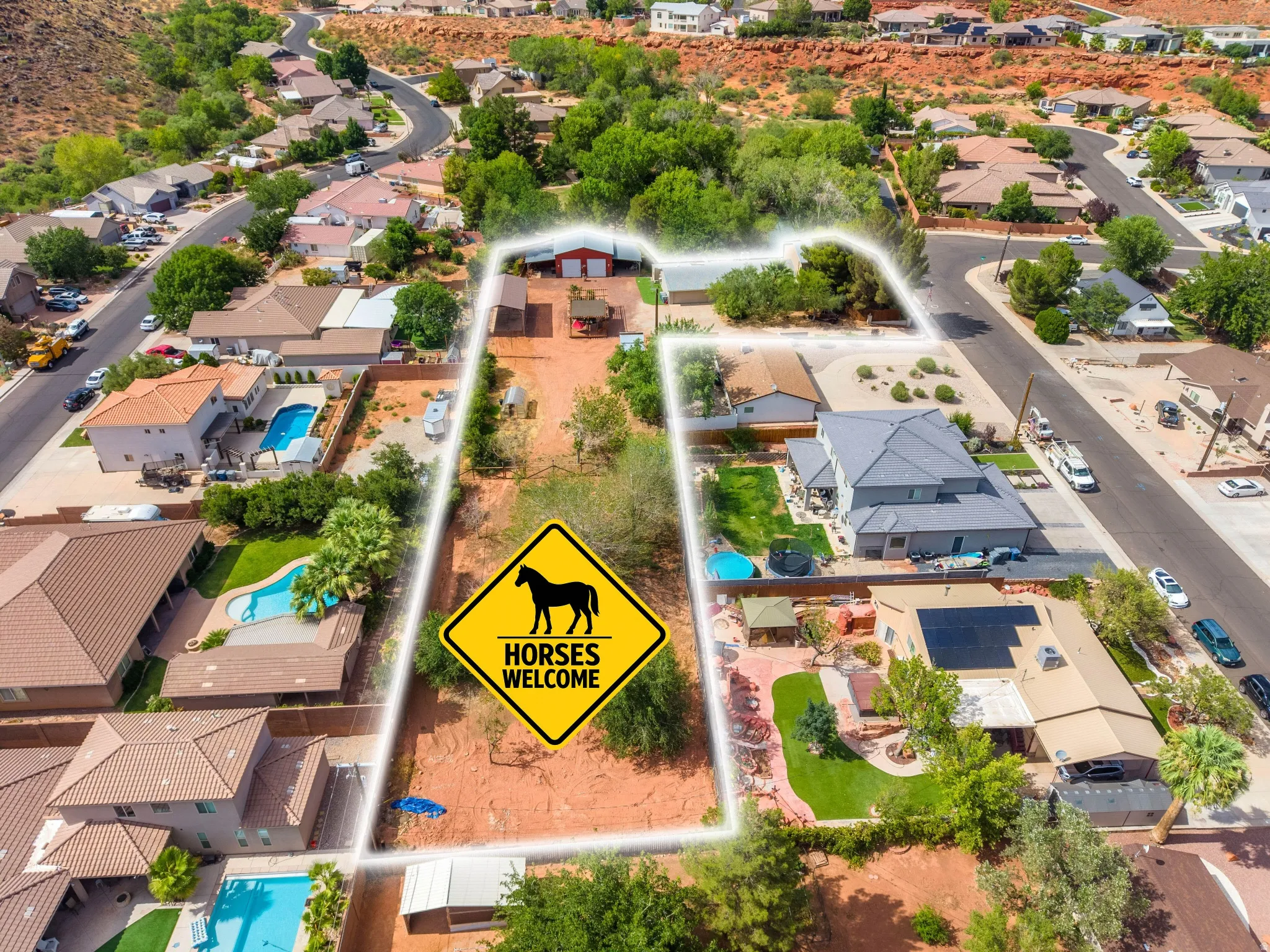 Expansive property lot featuring a red barn-style structure, mature trees, and direct street access