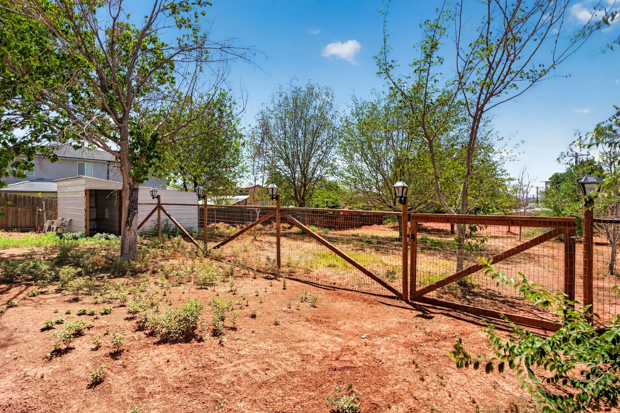 Expansive outdoor space featuring a wood-panel fence with a gate, solar-powered post lights, and mature trees