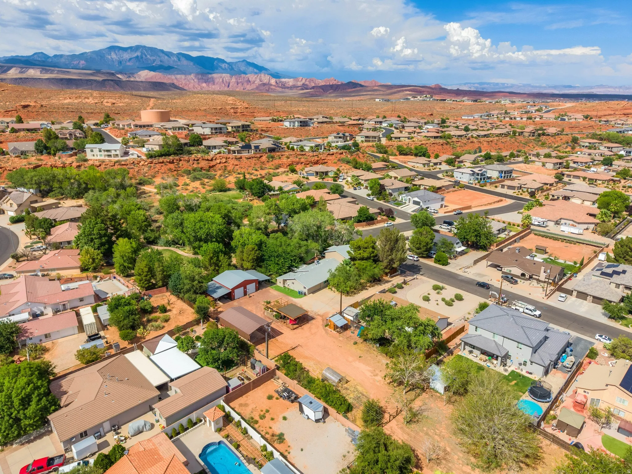 Expansive aerial perspective showcasing a residential area with varied architectural styles