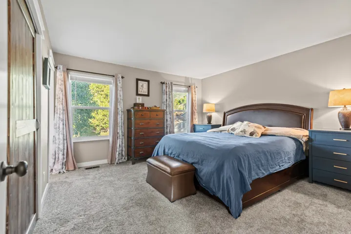 Spacious primary bedroom showcasing hardwood framing, carpeted flooring, generous natural light from dual windows with custom drapery, built-in bedside lighting, and ample closet storage accessed via sliding doors