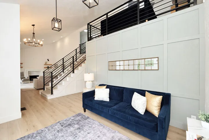 Open-concept interior featuring light wood-finish flooring