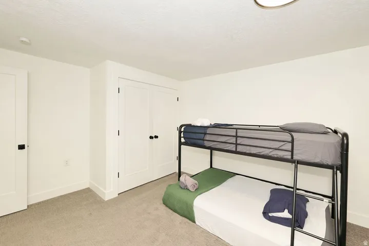 Carpeted room featuring a ceiling-mounted light fixture, two white doors with black hardware, and an additional set of double doors with black hardware