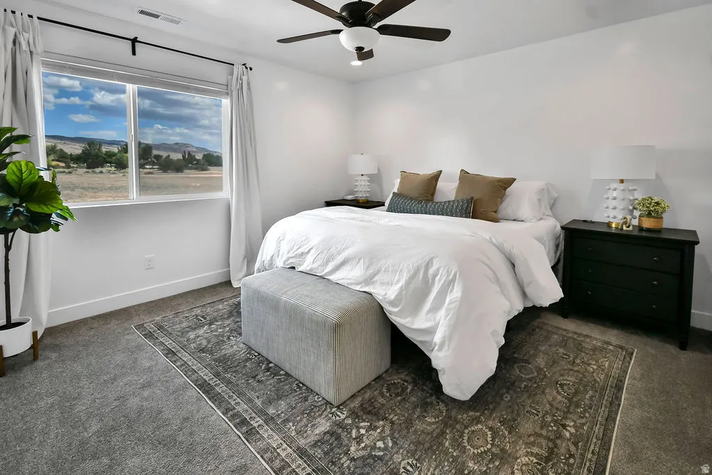 Bedroom space featuring a multi-pane window, ceiling fan, and gray carpet