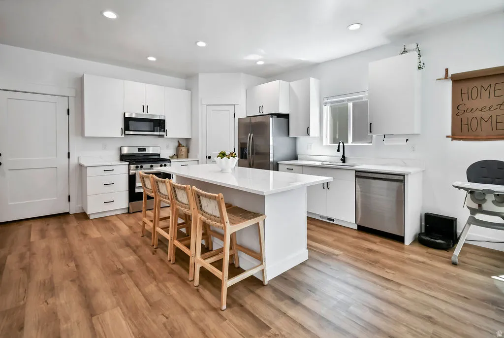 Contemporary kitchen featuring an expansive center island, white cabinetry, integrated stainless steel appliances, wood-finish flooring, and recessed lighting
