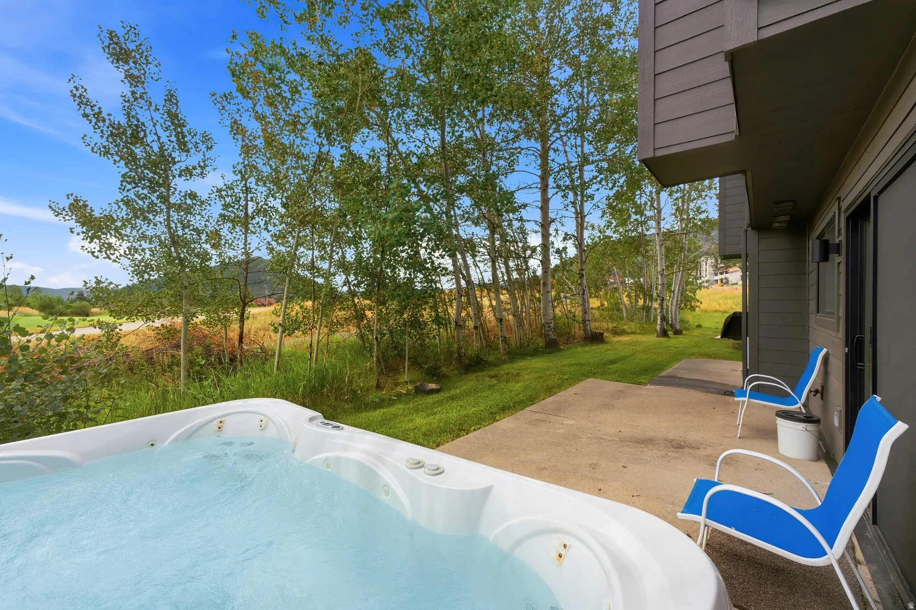 Outdoor patio featuring a built-in hot tub, concrete surface, and direct access to a grassy area with mature trees