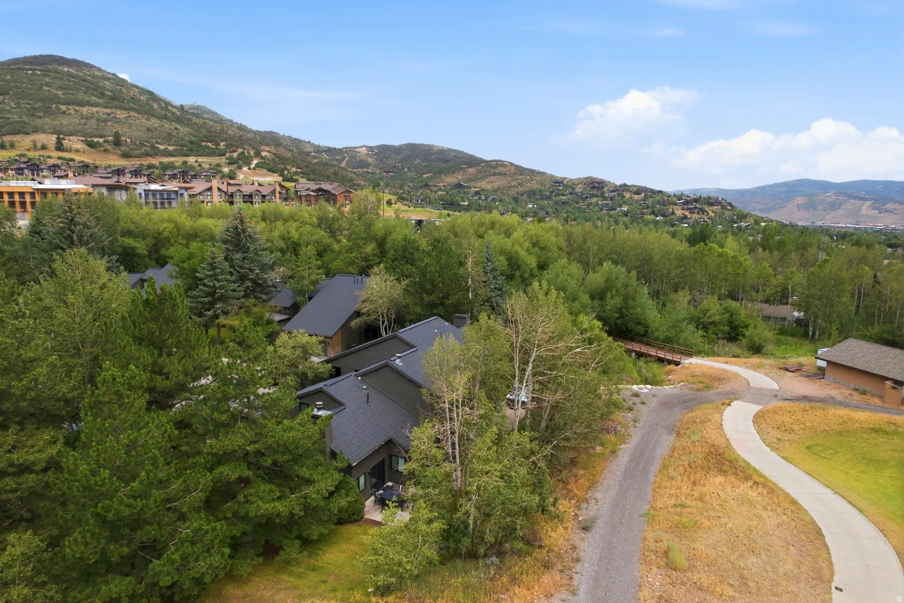 Modern structures with dark roofs nestled among abundant mature trees