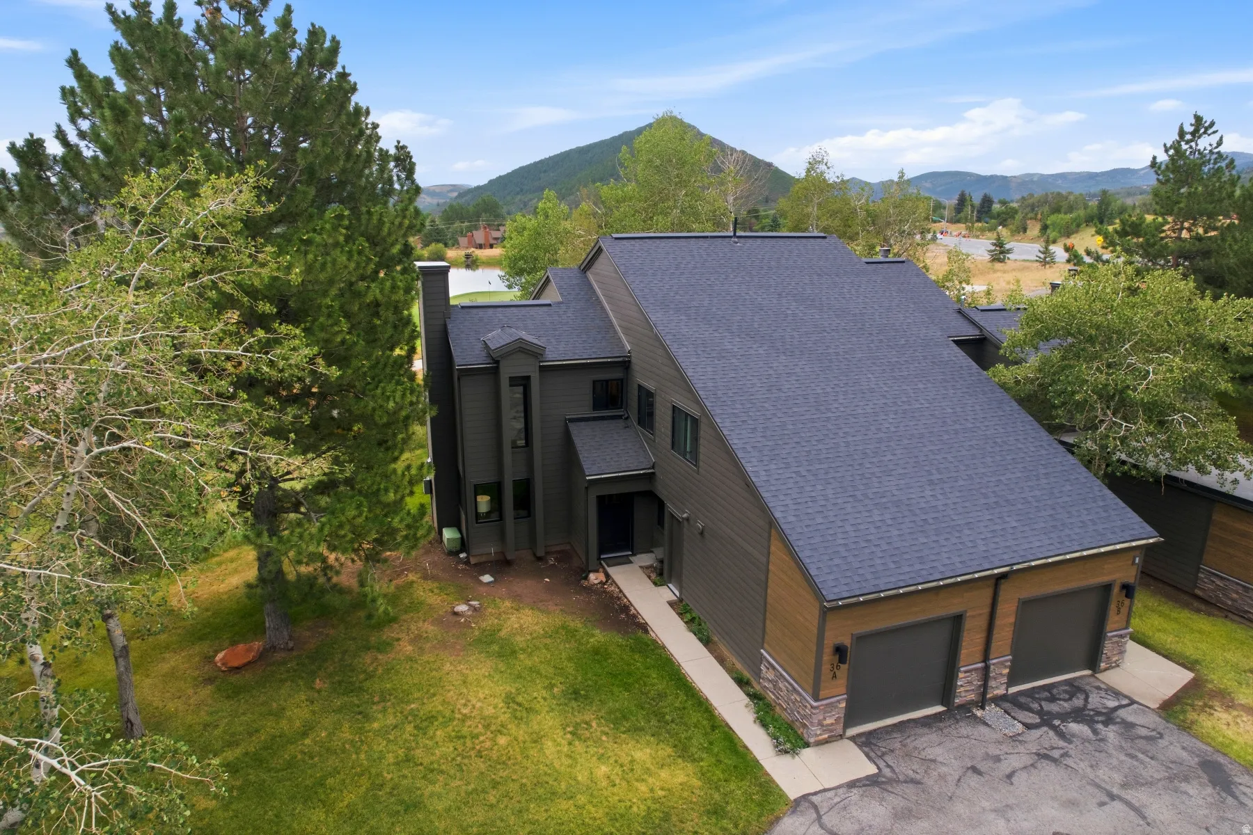 Contemporary-style residence featuring a dark gray exterior with wood-finish siding accents and a contrasting dark shingle roof