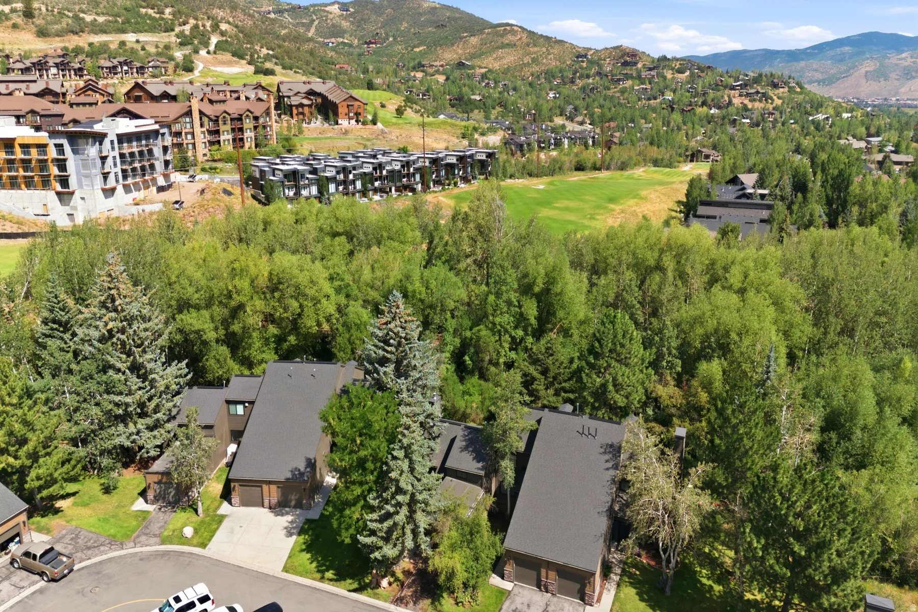 Mountainous landscape with lush green foliage surrounds residential properties