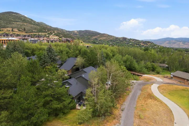 Modern structures with dark roofs nestled among abundant mature trees