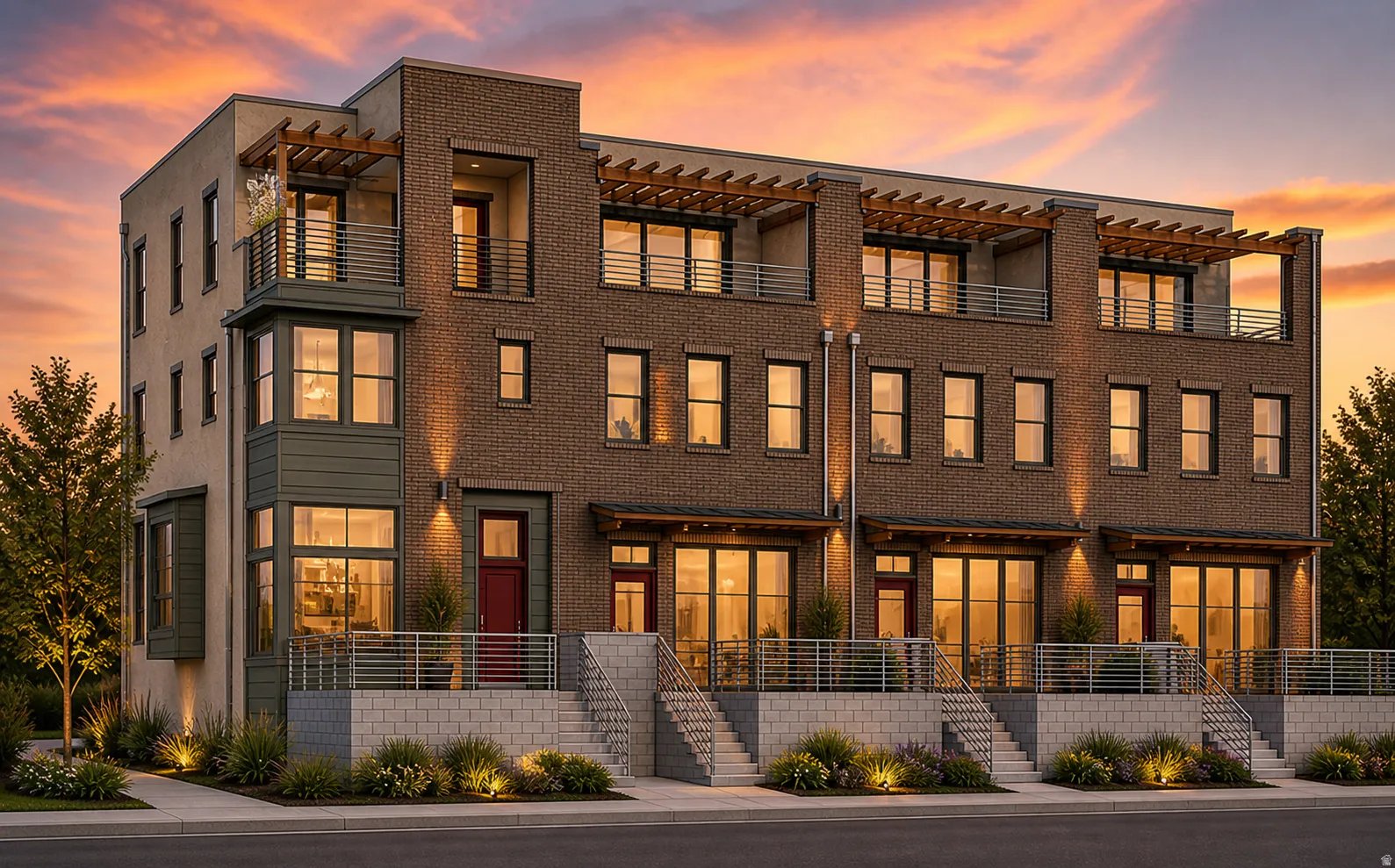 Modern townhome facade featuring brick and stucco siding