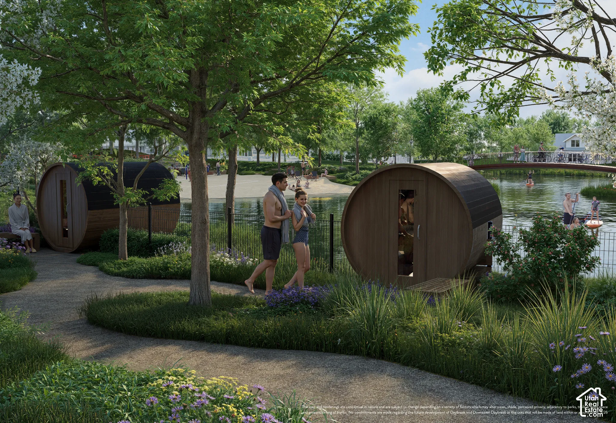 Paved pathways surrounded by landscaped plantings, barrel-style outdoor structures, and mature trees