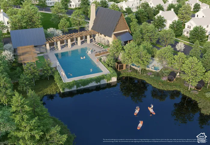 Expansive community amenities featuring a large swimming pool, a clubhouse with an A-frame roof, and multiple shaded lounge areas