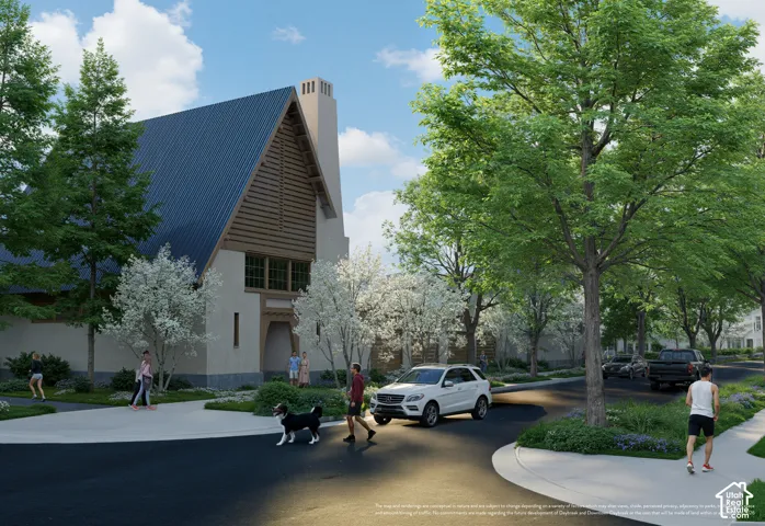 Gabled roofline with a dark metal finish, light-toned exterior siding, prominent chimney, wood-finish accent paneling, and mature landscaping