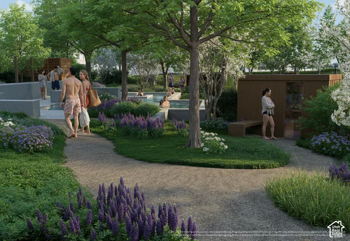 Landscaped pathways, multiple water features, mature trees, flowering shrubs, and a private sauna structure