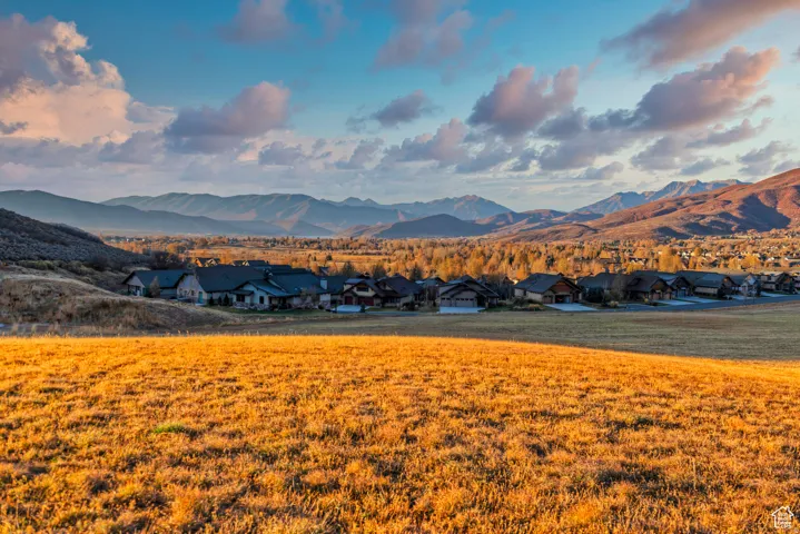 Expansive golden field with a backdrop of distant mountains and a community of homes