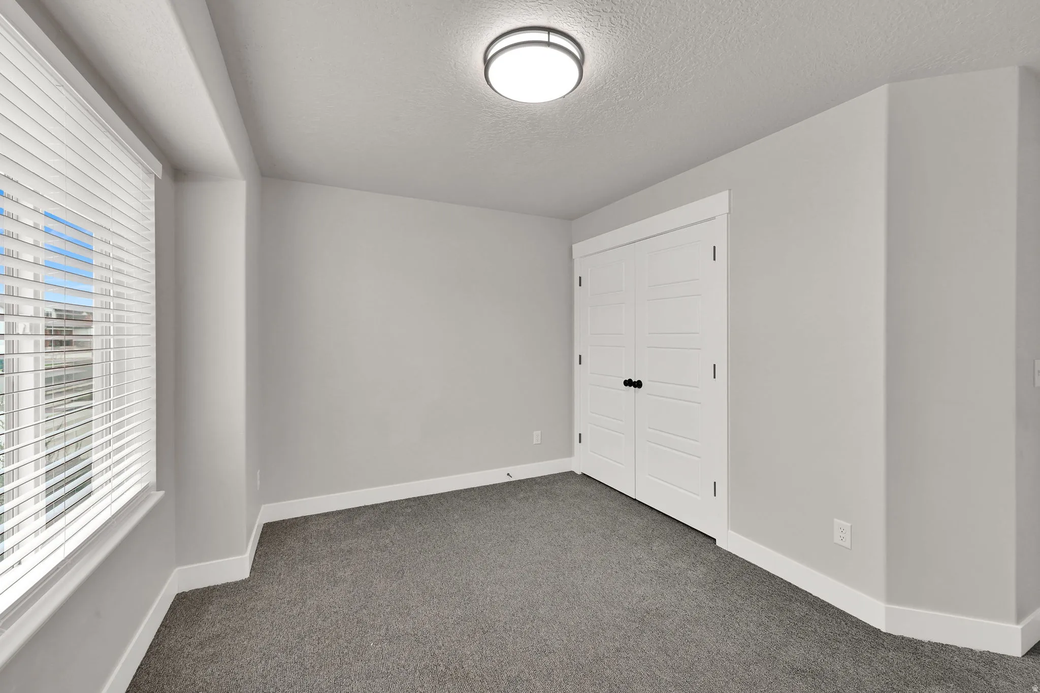 Gray textured carpet with a window featuring white blinds, a white four-panel closet door, and a flush mount ceiling light