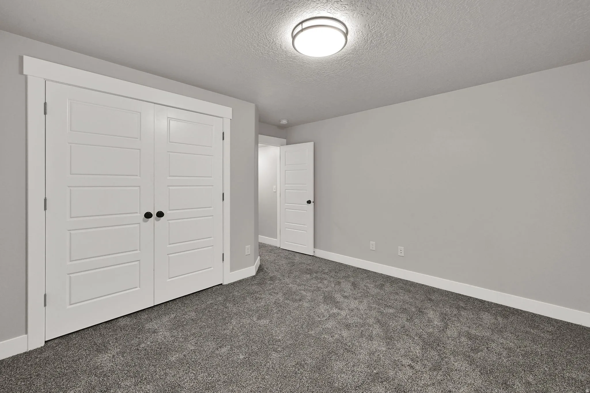 Recessed lighting, light gray wall paint, white trim, gray carpet, and white paneled doors with black hardware