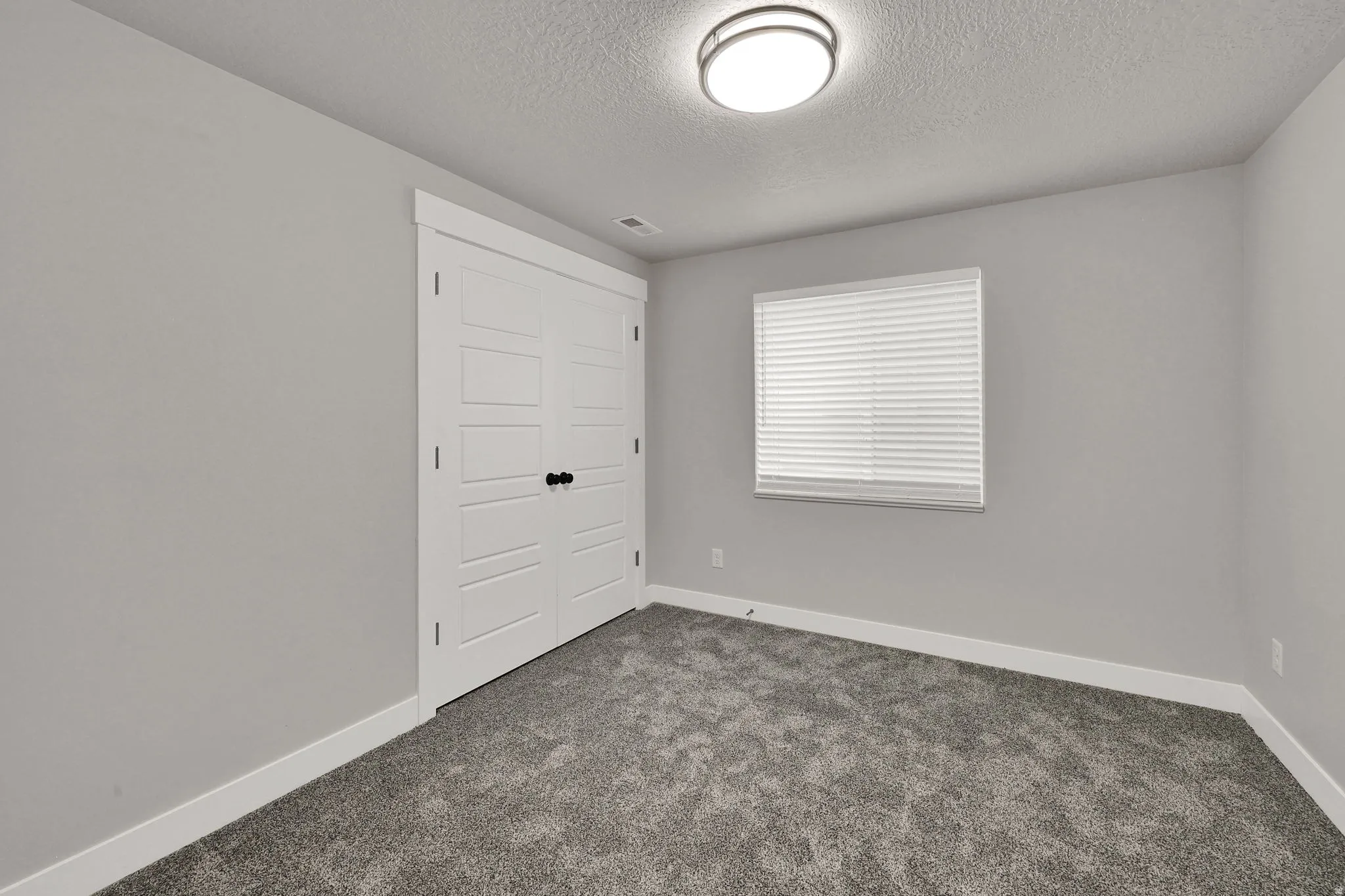 Textured gray carpeting, white window blinds, white trim, and a flush-mount ceiling light