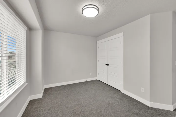 Gray textured carpet with a window featuring white blinds, a white four-panel closet door, and a flush mount ceiling light