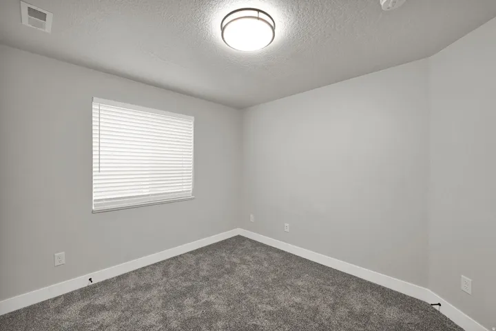 Recessed window with blinds, overhead flush-mount lighting, and neutral carpeting