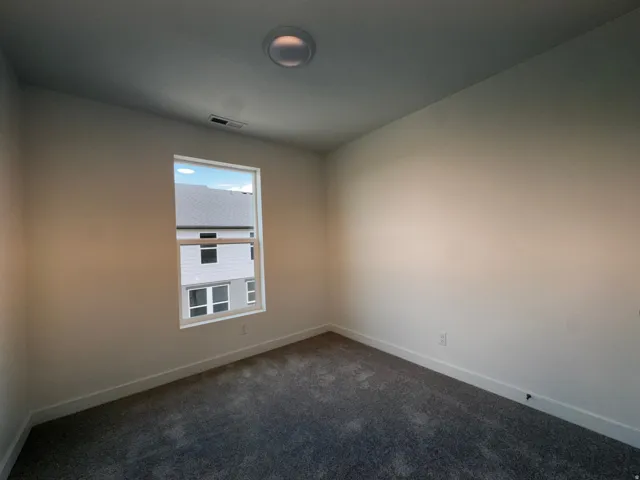 Spacious room featuring neutral paint, gray carpeting, a large window, white trim, and a ceiling-mounted light fixture