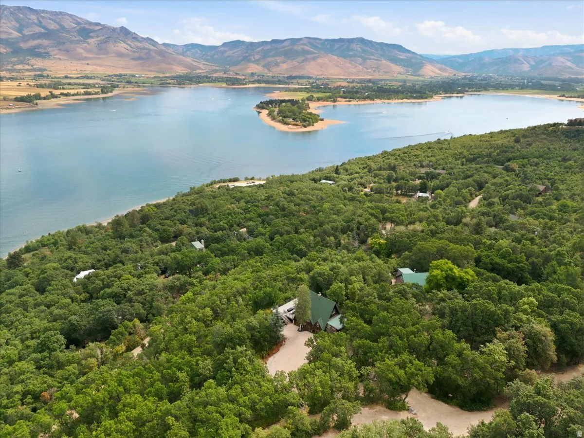 Expansive aerial perspective showcasing a substantial body of water, distant mountains, and dense tree coverage