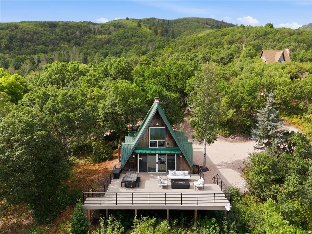 A-frame residence featuring wood siding and a green metal roof