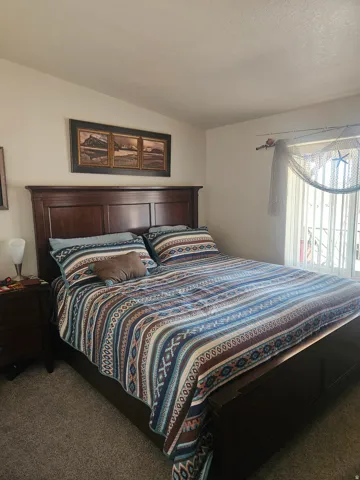 Bedroom featuring a dark wood bed frame with a tall headboard, textured carpeting, and a window with vertical blinds