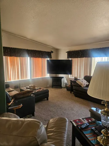 Spacious living area featuring neutral carpeting and a sloped ceiling