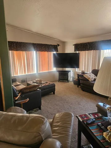 Living area featuring neutral-toned carpet flooring and multiple windows with vertical blinds