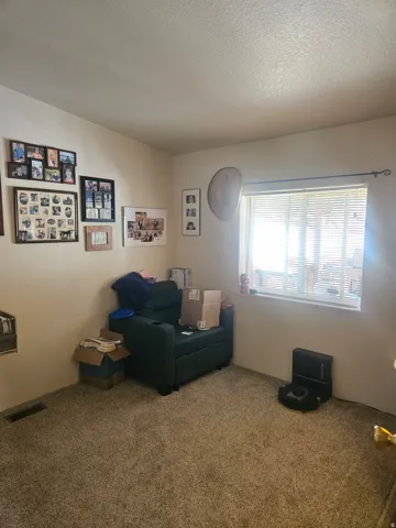 Room featuring a single window with horizontal blinds, neutral wall paint, and textured carpeting