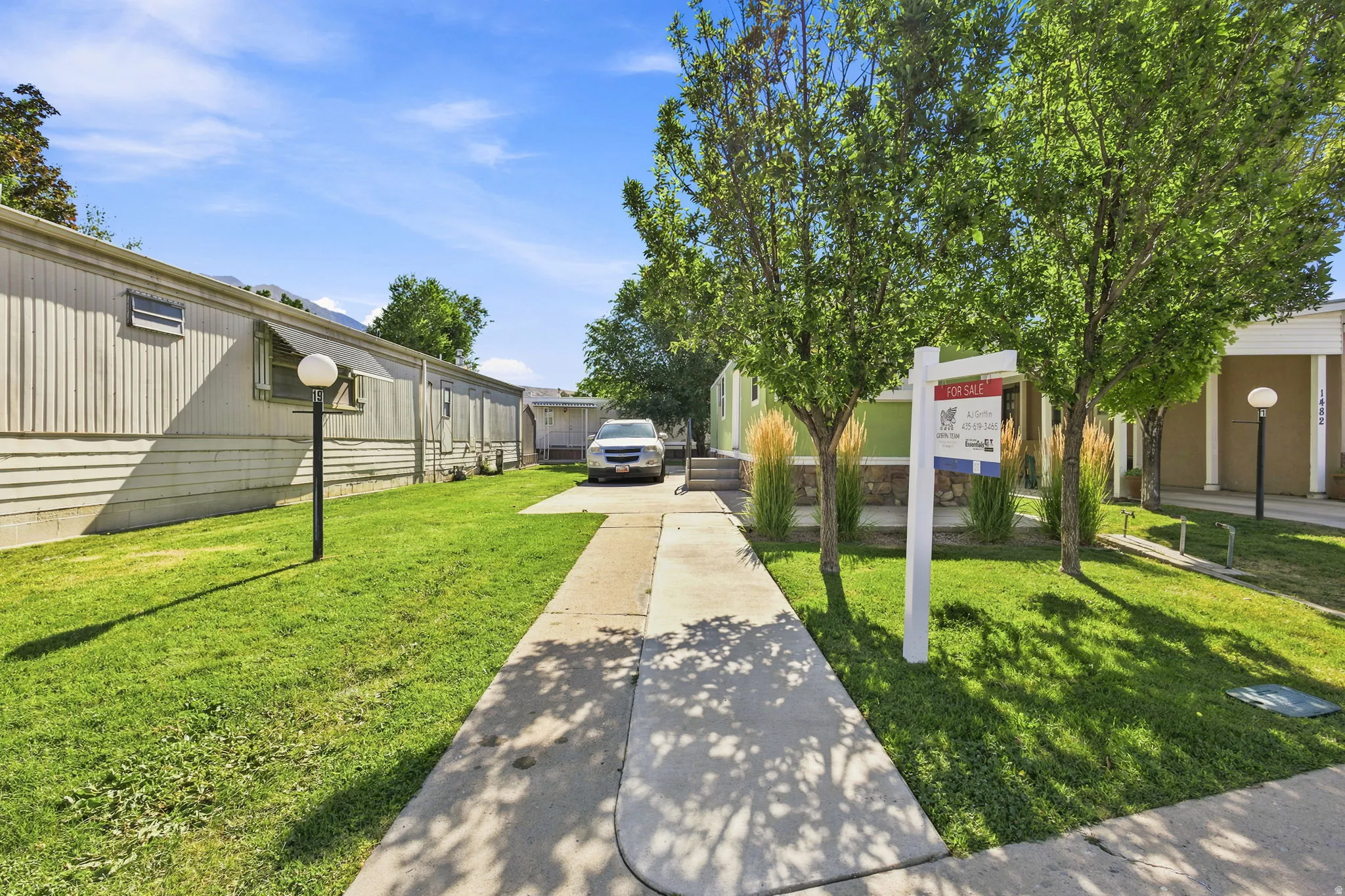 Concrete walkway with a grassy area and mature trees