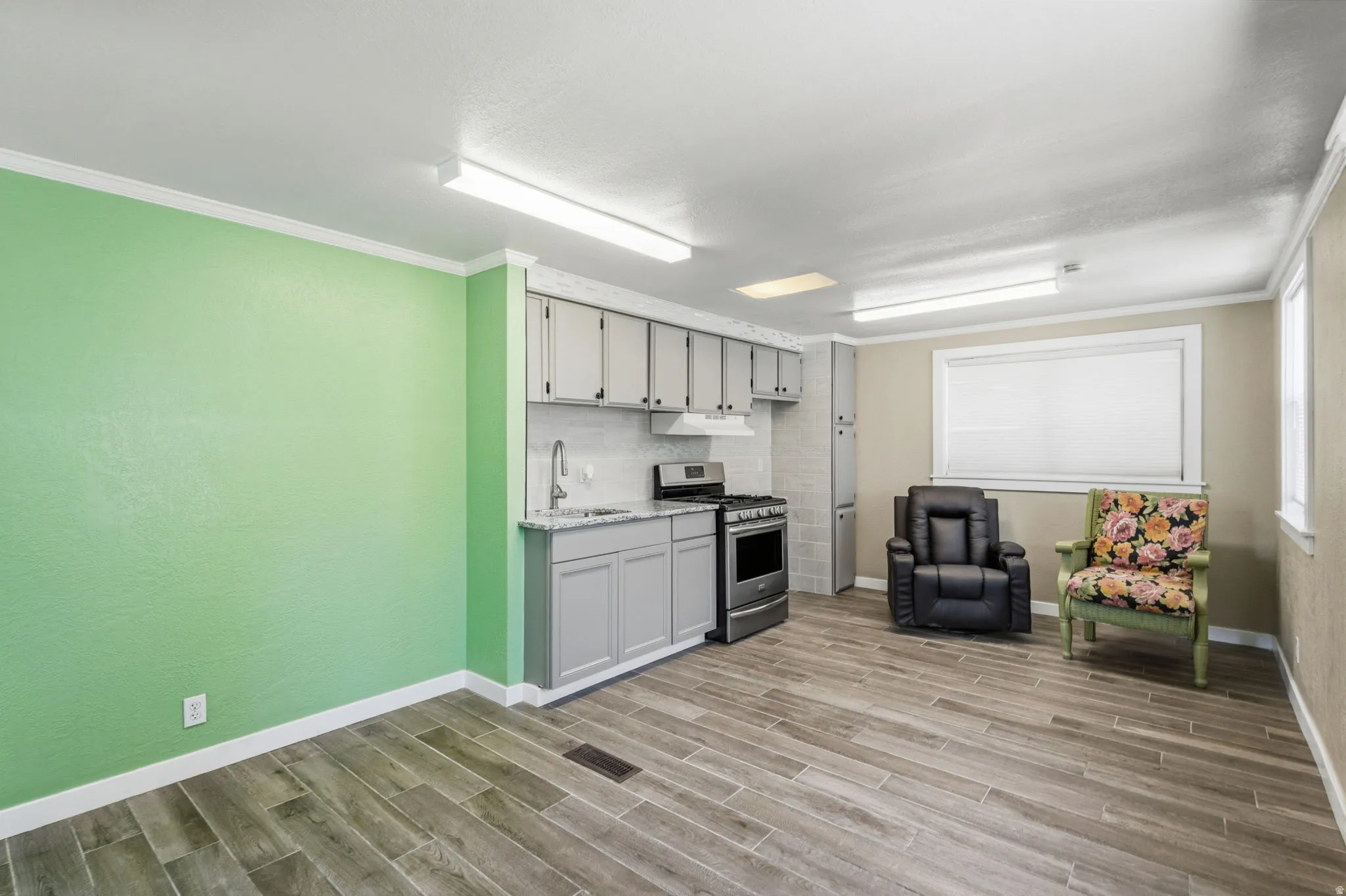 Open-concept room featuring wood-finish flooring, a kitchen area with gray cabinetry and stainless steel range, and light green accent walls