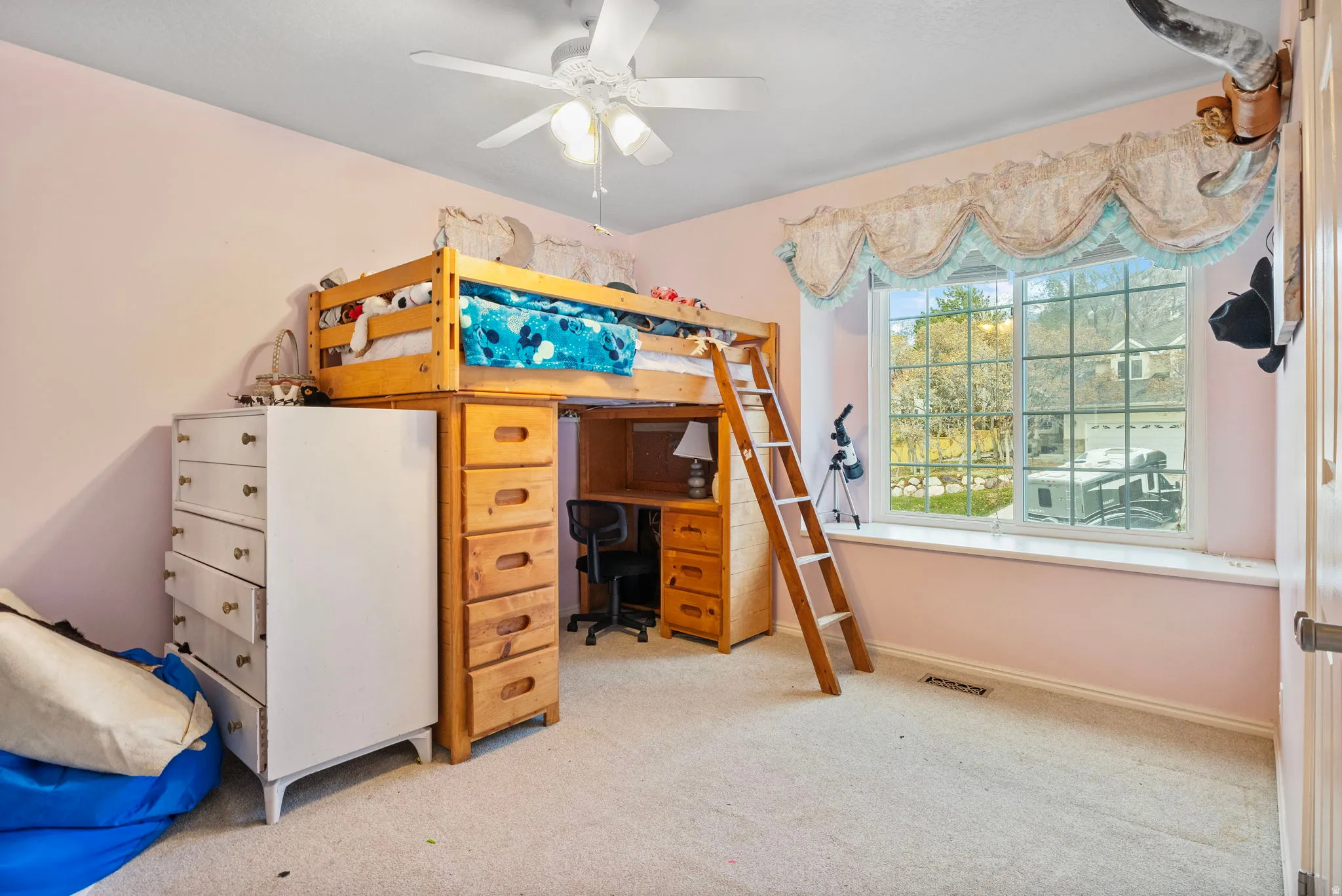 Carpeted room with a multi-pane window, ceiling fan, and light pink walls