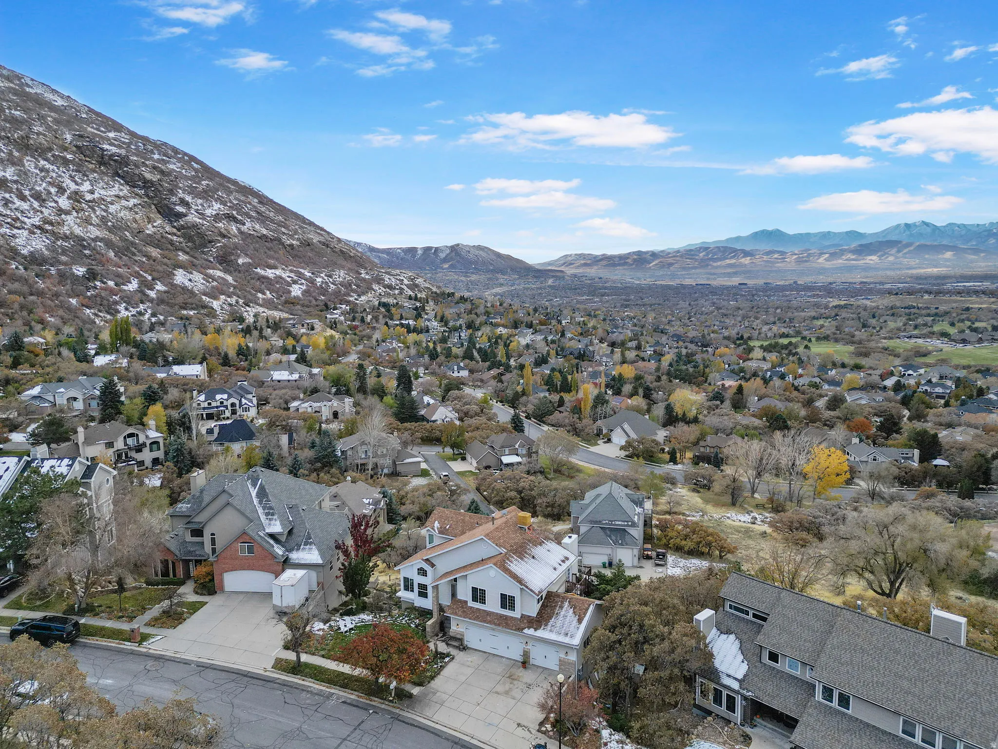 Aerial perspective showcasing a residential neighborhood with varied architectural styles