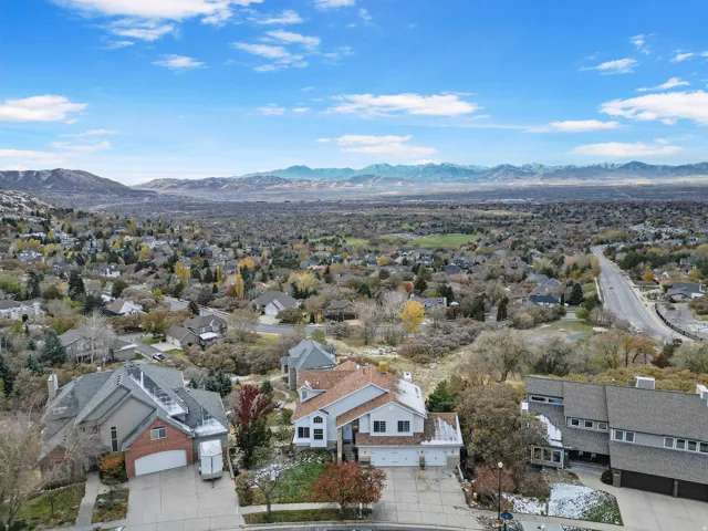 Aerial perspective showcasing a residential neighborhood with varied architectural styles