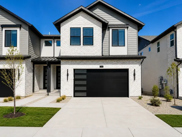 Contemporary facade featuring white brick and gray siding