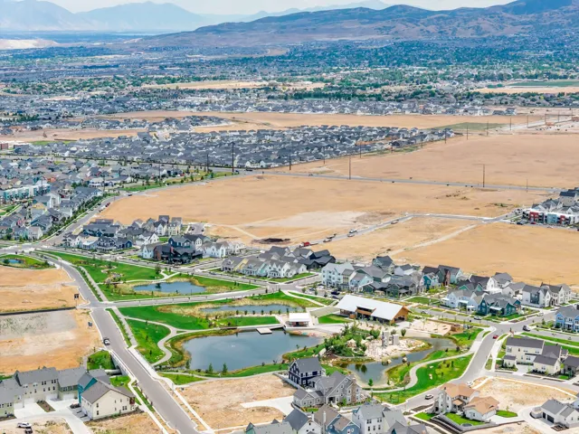 Aerial perspective showcasing a residential community with varying architectural styles