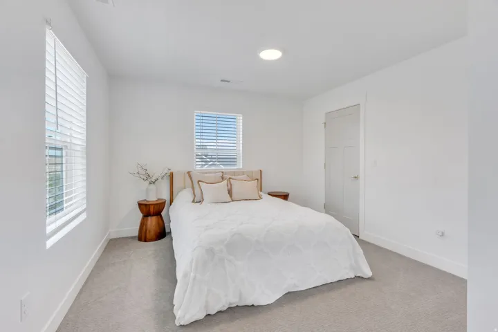 Bright room featuring two windows with blinds, recessed lighting, neutral carpeting, and a craftsman-style door