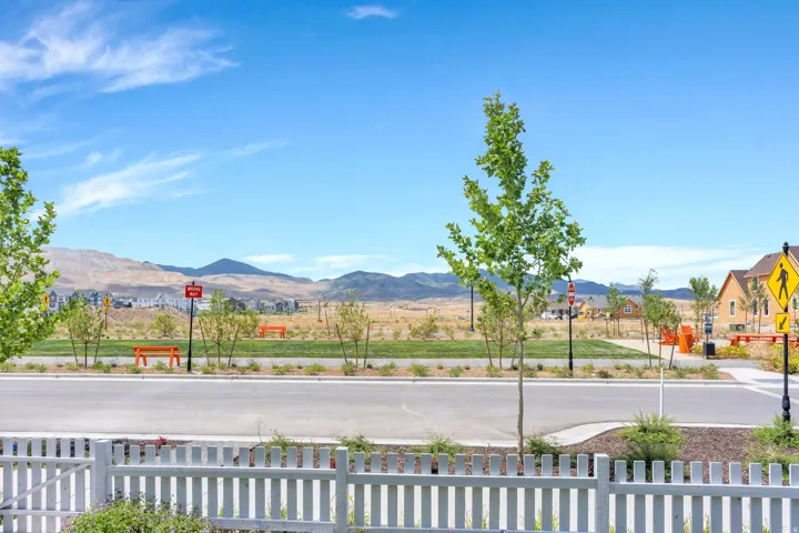 White picket fence framing a street with a pedestrian crossing, bordered by a green space with mature trees