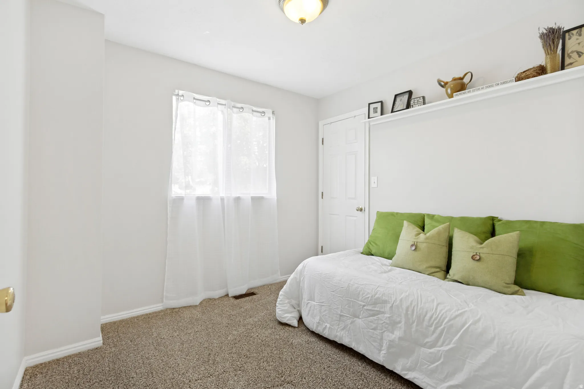 Carpeted room featuring a double window with sheer curtains, a built-in wall shelf, a white paneled door, and a ceiling-mounted light fixture