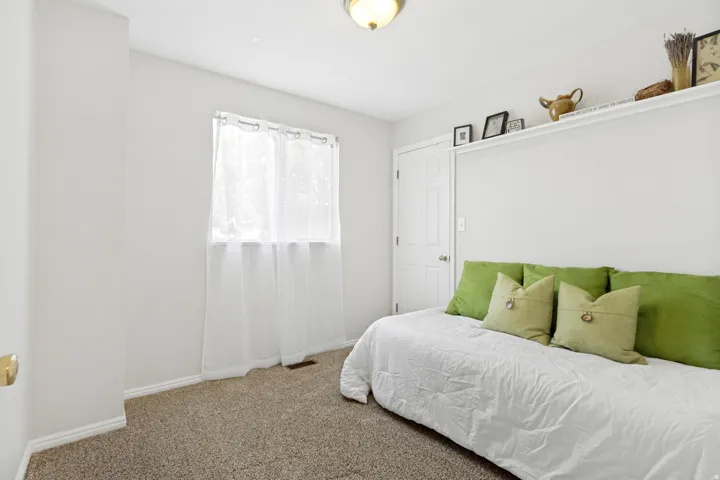 Carpeted room featuring a double window with sheer curtains, a built-in wall shelf, a white paneled door, and a ceiling-mounted light fixture