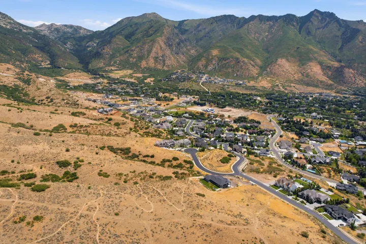 Expansive mountainous terrain surrounding a residential area with varied rooflines and established landscaping