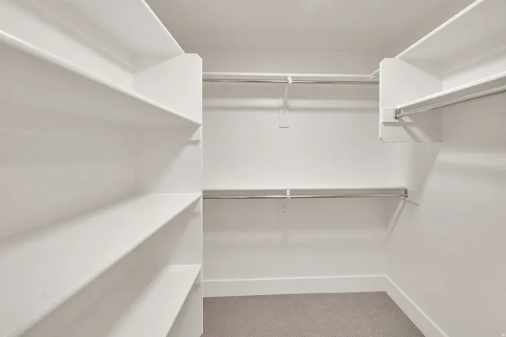 Walk-in closet featuring white built-in shelving, multiple hanging rods, white walls, and carpet flooring