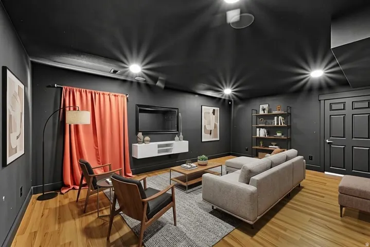 *Virtually staged media room* (wall picture on the right is a window)