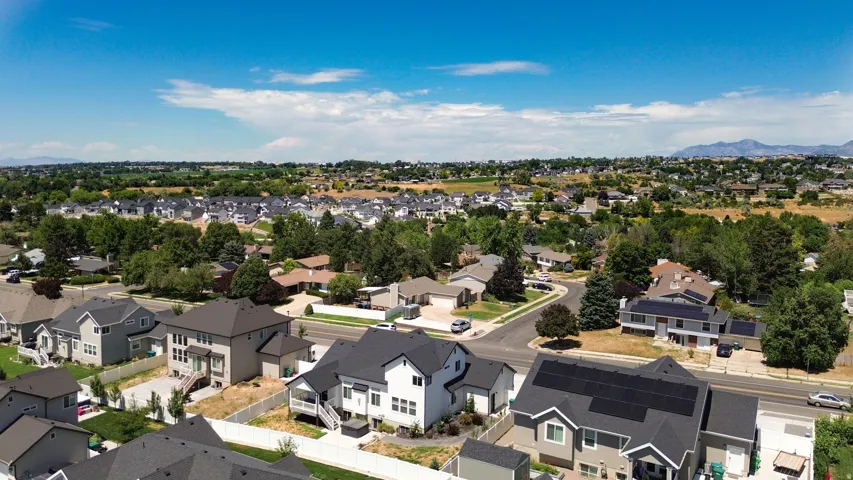 Aerial perspective showcasing a residential area with varied home styles and mature trees