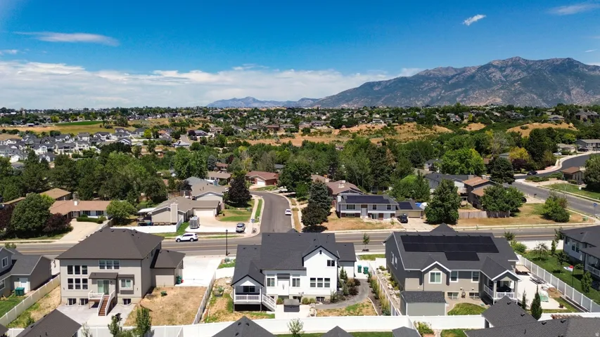 Neighborhood aerial showcasing residential structures, paved streets, and abundant mature trees