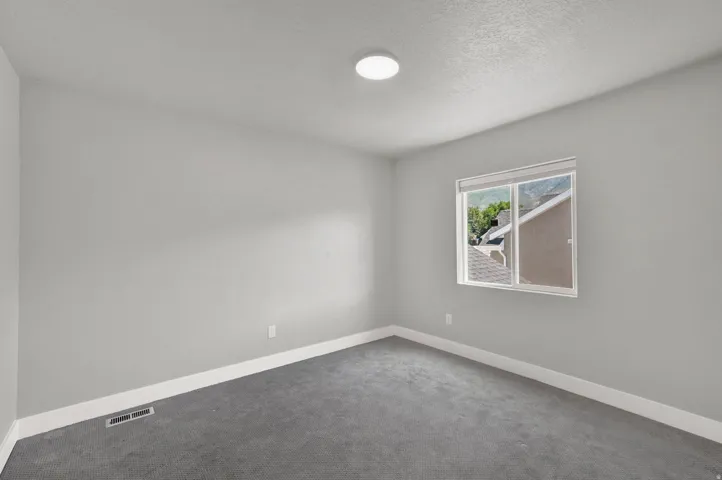 Grey-toned room featuring a white-framed window, grey carpeting, crisp white baseboards, and a circular flush-mount ceiling light
